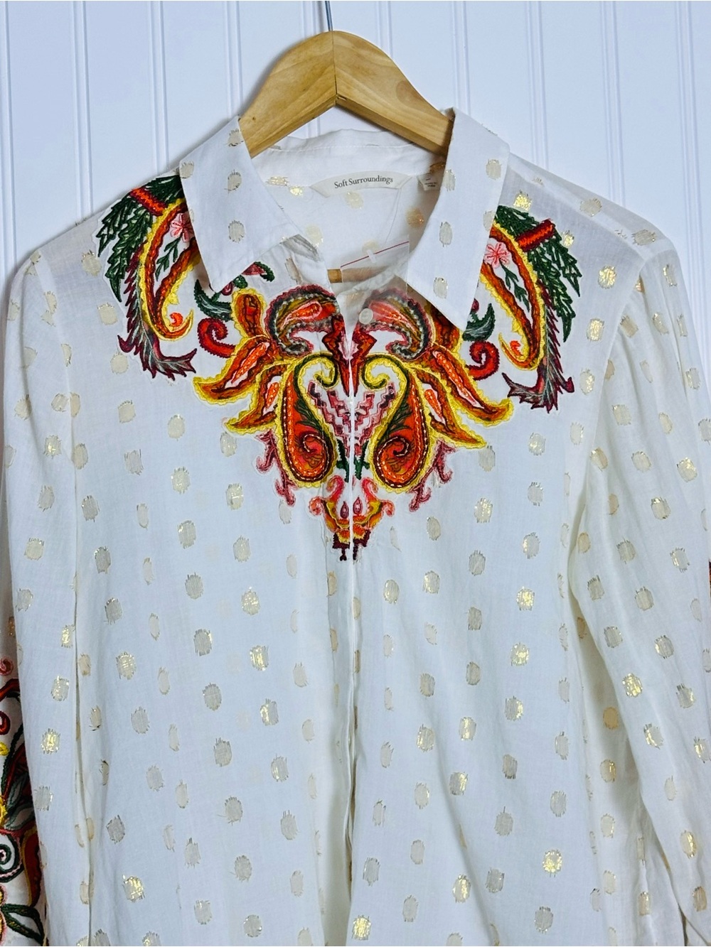 Soft Surroundings Flamenco Embroidered Button Down Blouse M NWOT Paisley Floral - Picture 4 of 11